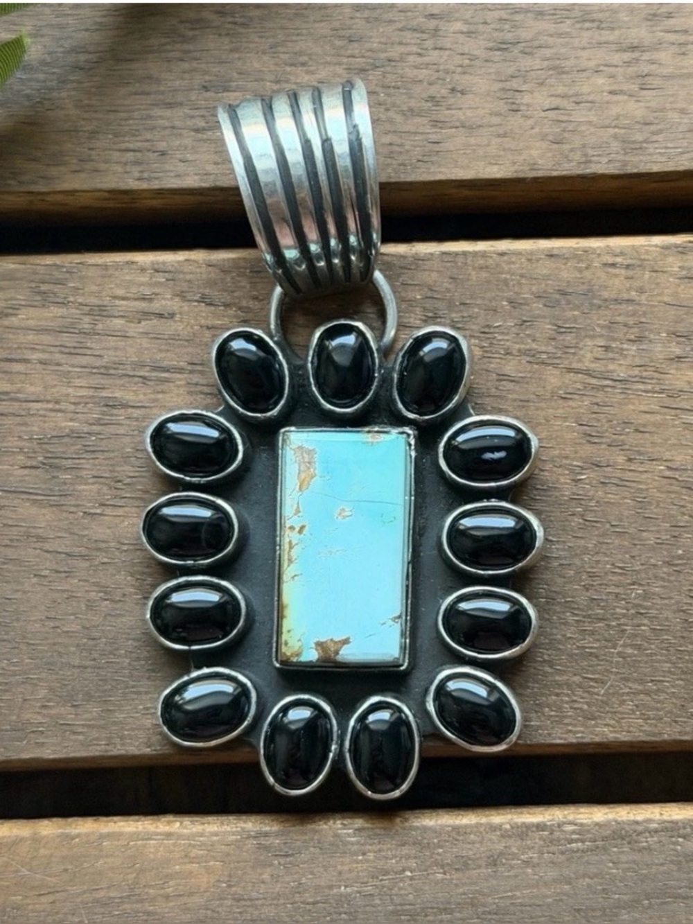 Navajo Sterling Silver Black Onyx Turquoise Cluster Pendant La Rose